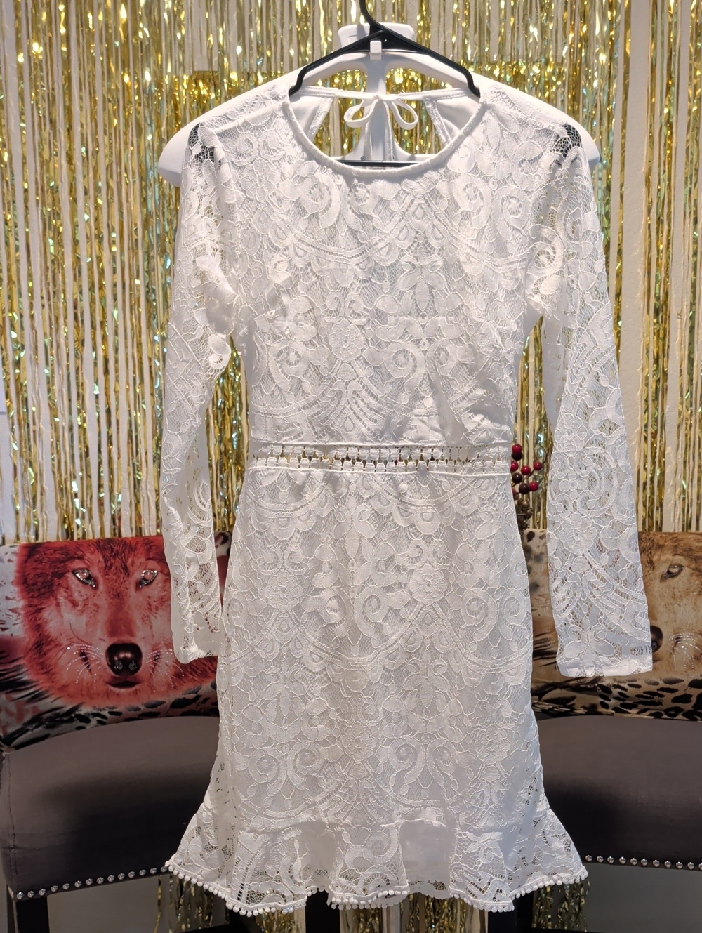 🔥White Lace Long-Sleeve Party Dress, Size L